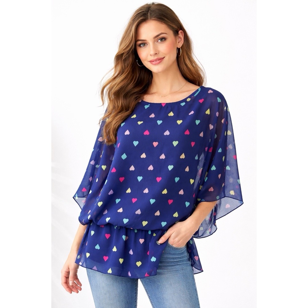 Catalog Favorites XL Blue Heart Print Sheer Blouse 3/4 Sleeve‎